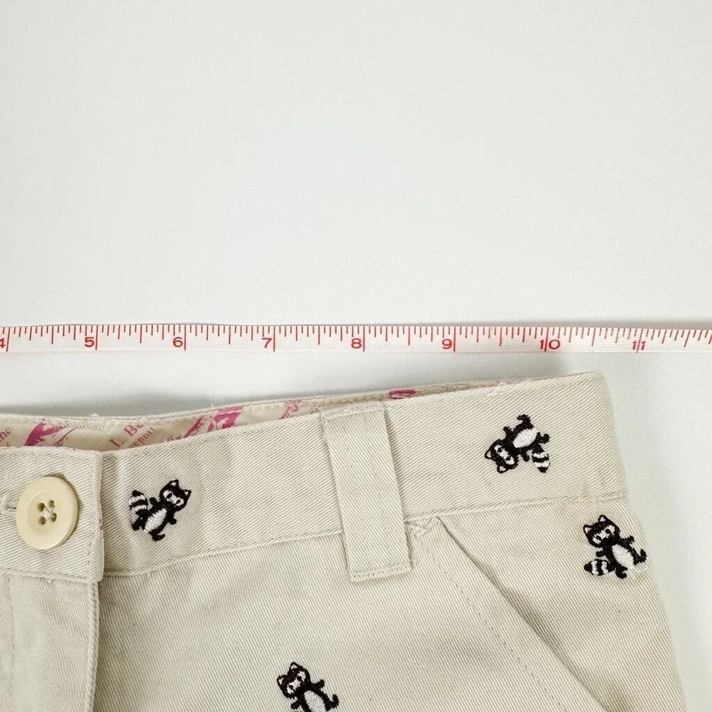 LL Bean Bermuda Shorts Girls Size 4‎ Khaki Raccoon Embroidered Cotton Twill NWT